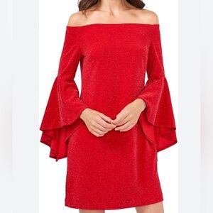 Vince Camuto Red Off-Shoulder Long Sleeve Dress